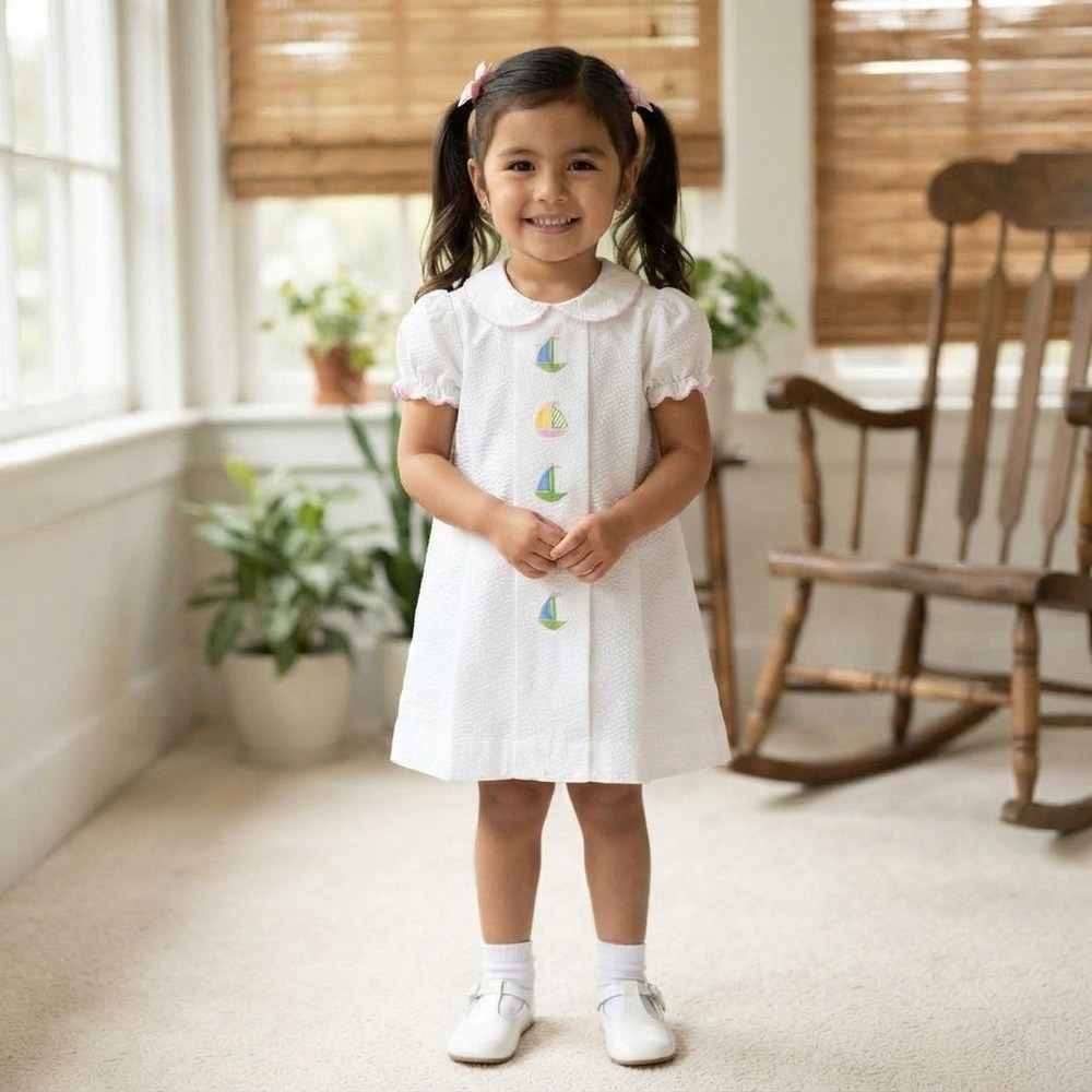 Lullaby Set Dress Toddler 4T White Exc Sailboat Seersucker Peter Pan Collar